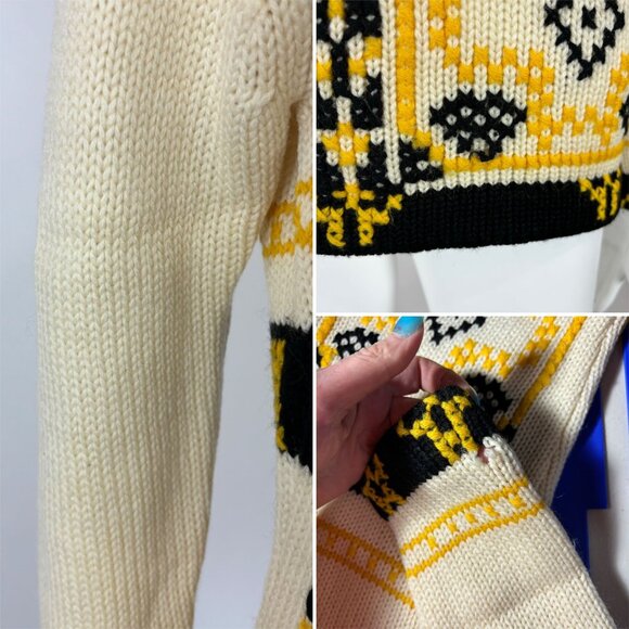 Vintage 60s Sweater Women's Medium Nordic Yellow Pattern Mod Pullover - Picture 10 of 10